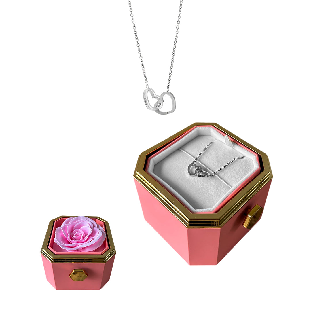 Caja Giratoria con Rosa Eterna & Collar de 2 Corazones