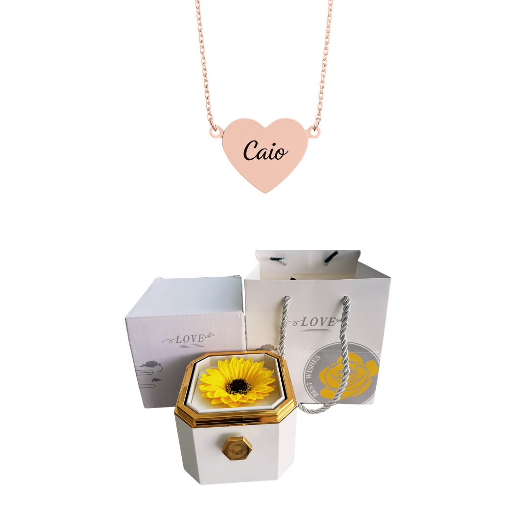 Caja Giratoria con Girasol Eterno y Collar de Corazón con Nombres Personalizados