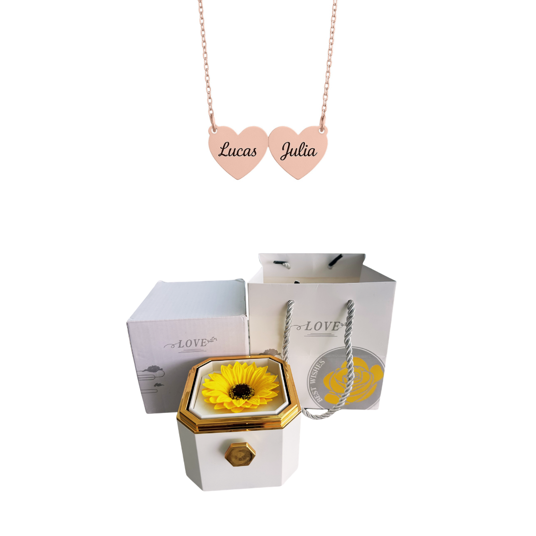Caja Giratoria con Girasol Eterno y Collar de Corazón con Nombres Personalizados