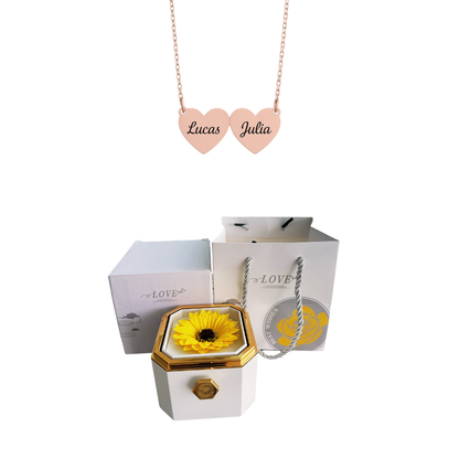 Caja Giratoria con Girasol Eterno y Collar de Corazón con Nombres Personalizados