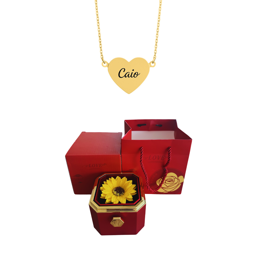 Caja Giratoria con Girasol Eterno y Collar de Corazón con Nombres Personalizados