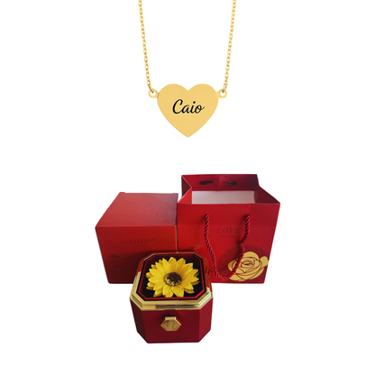 Caja Giratoria con Girasol Eterno y Collar de Corazón con Nombres Personalizados
