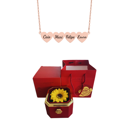 Caja Giratoria con Girasol Eterno y Collar de Corazón con Nombres Personalizados