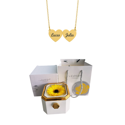 Caja Giratoria con Girasol Eterno y Collar de Corazón con Nombres Personalizados