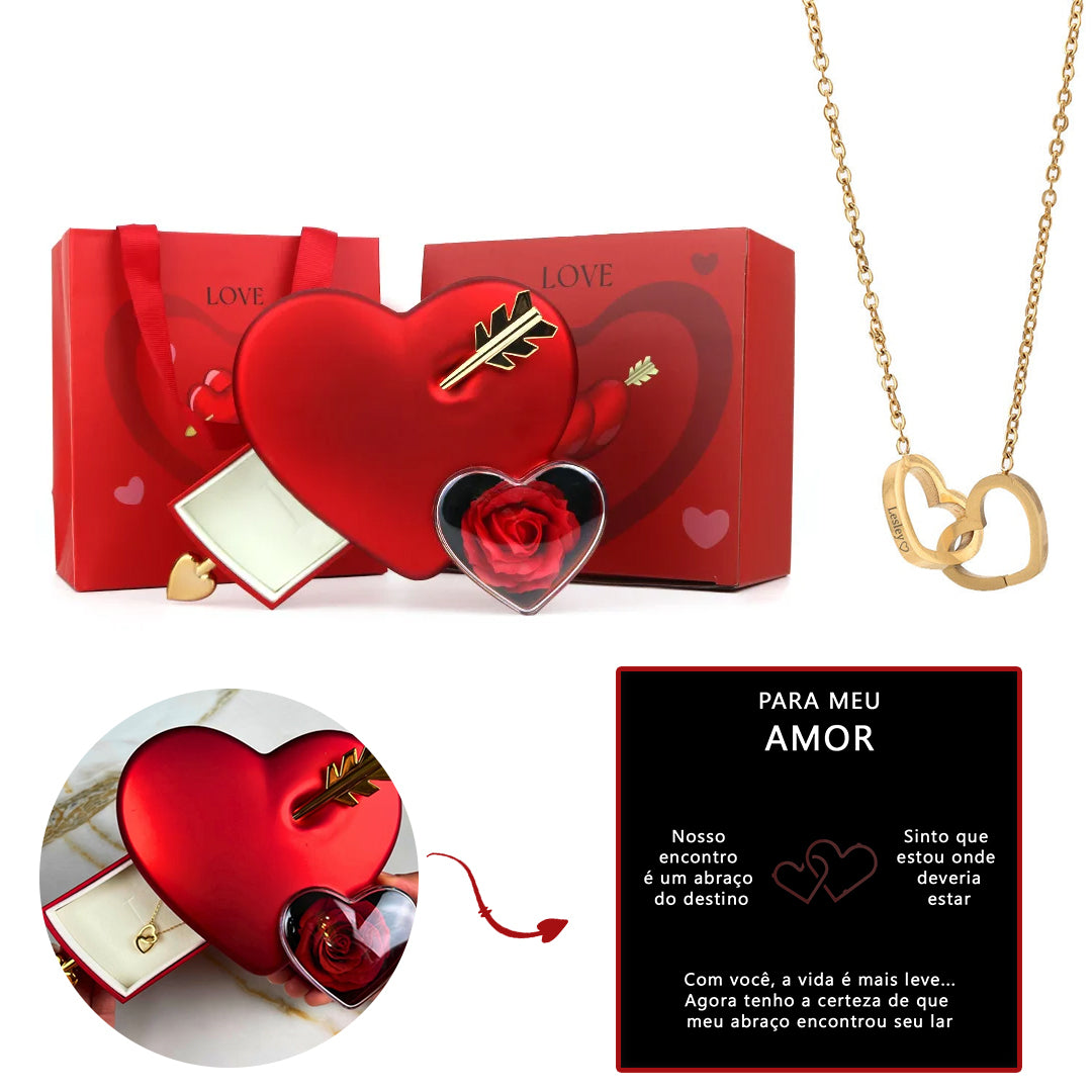 Caja Cupido con Rosa Eterna & Collar Personalizado con Nombres 💘