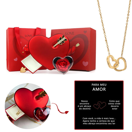 Caja Cupido con Rosa Eterna & Collar Personalizado con Nombres 💘