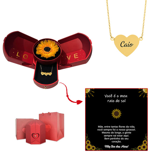 Caja con Girasol Eterno & Collar Corazón Grabado con Nombres