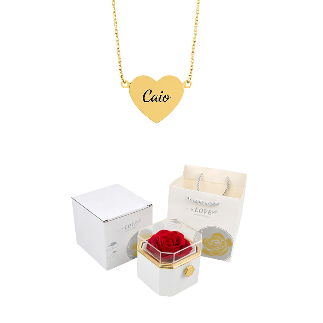Caja Giratoria con Rosa Eterna y Collar de Corazón Personalizado con Nombres